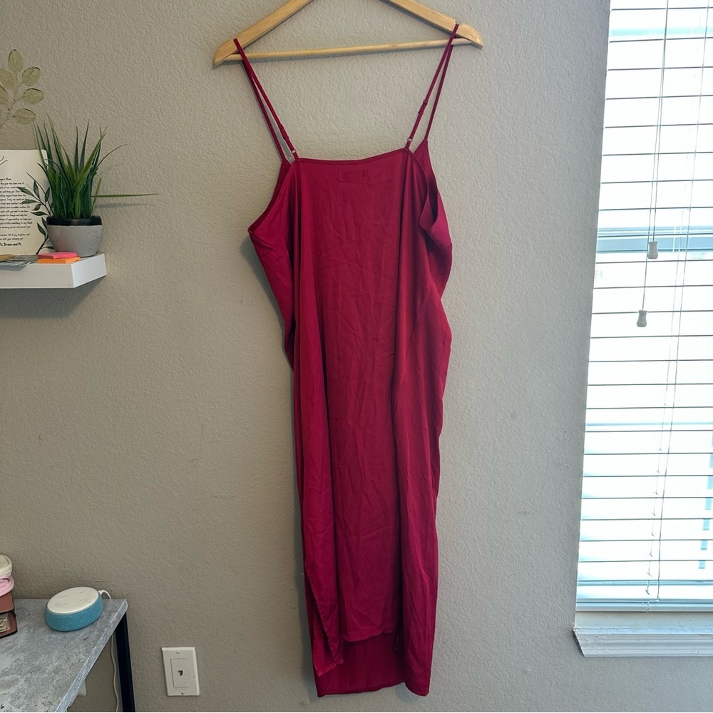 nicole miller red rhinestone strap satin slip dress vivid red midi slit sz large - Picture 3 of 10